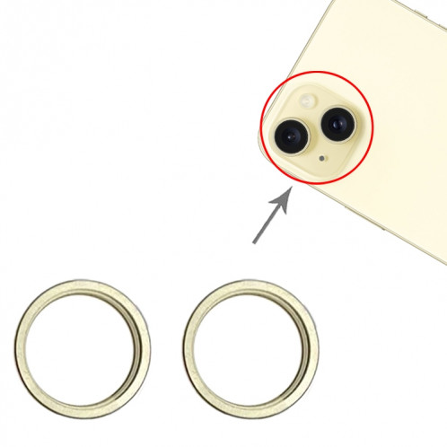 Pour iPhone 15/15 Plus 2 pièces/ensemble lentille en verre de caméra arrière anneau de protection extérieur en métal (jaune) SH078Y1287-02