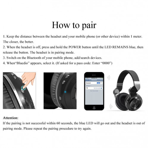 Bluedio T2 Turbine Casque stéréo sans fil Bluetooth 4.1 avec micro, Pour iPhone, Samsung, Huawei, Xiaomi, HTC et autres smartphones, tous les appareils audio (blanc) SB127W1584-013