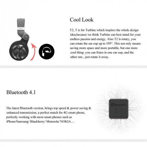 Bluedio T2 + Turbine sans fil Bluetooth 4.1 casque stéréo casque avec micro et fente pour carte Micro SD et radio FM, Pour iPhone, Samsung, Huawei, Xiaomi, HTC et autres smartphones, tous les appareils audio (noir) SB128B1371-013