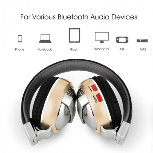 BTH-868 STEREO Sound Quality V4.2 Casque Bluetooth, Distance Bluetooth: 10m, Support 3.5mm Audio Entrée et FM (Gold) SH158J1653-07