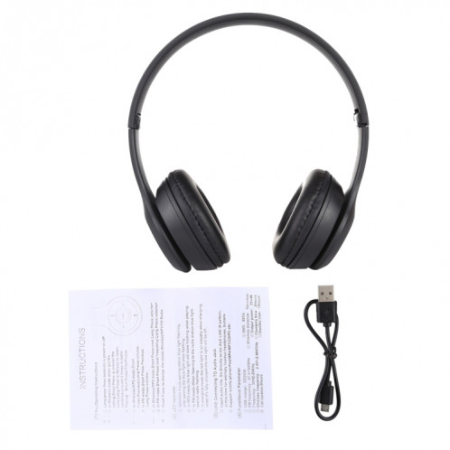 Casque Bluetooth sans fil pliable P47 avec prise audio 3,5 mm, prise en charge MP3 / FM / appel (noir) SH454B1912-010