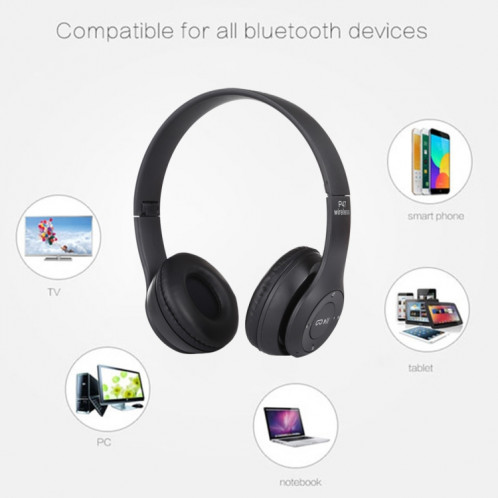 Casque Bluetooth sans fil pliable P47 avec prise audio 3,5 mm, prise en charge MP3 / FM / appel (noir) SH454B1912-010