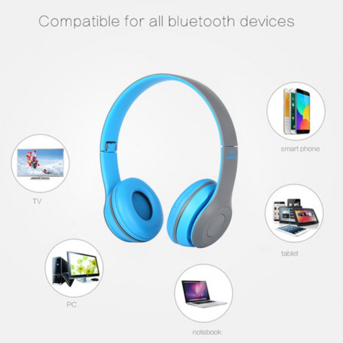Casque Bluetooth sans fil pliable P47 avec prise audio 3,5 mm, prise en charge MP3 / FM / appel (bleu) SH454L1713-010