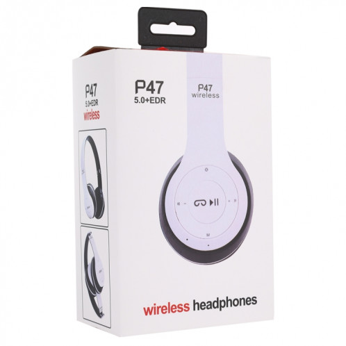 Casque Bluetooth sans fil pliable P47 avec prise audio 3,5 mm, prise en charge MP3 / FM / appel (blanc) SH454W47-010