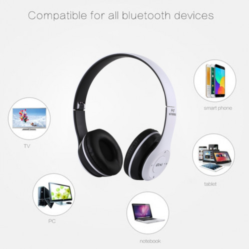 Casque Bluetooth sans fil pliable P47 avec prise audio 3,5 mm, prise en charge MP3 / FM / appel (blanc) SH454W47-010