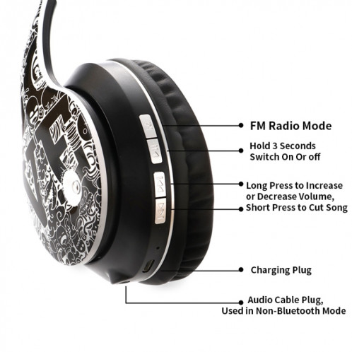 Casque Bluetooth V5.0 sans fil à motif Graffiti B1 (noir argenté) SH11BS637-016