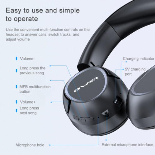 Casque Bluetooth sans fil Bluetooth 5.0 AWEI A770BL (noir) SA714B352-013