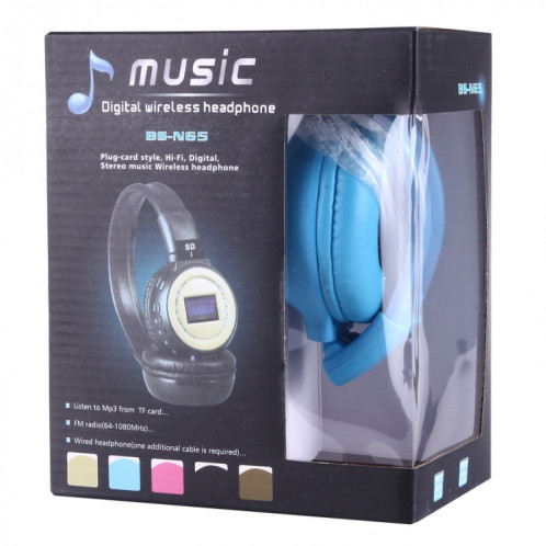 BS-N65 Headband Casque d'écoute sans fil HiFi stéréo pliable avec écran LCD et fente pour carte TF et voyant LED et fonction FM (bleu) SH364L1642-08