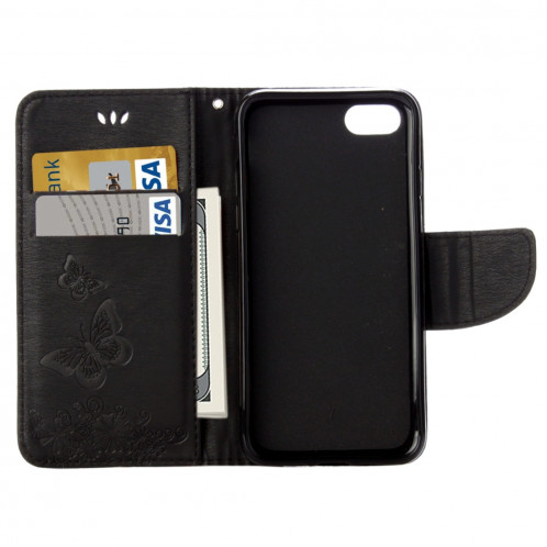 Pour iPhone 8 & 7 fleurs pressées papillon motif horizontal étui en cuir flip avec titulaire et fentes pour cartes et porte-monnaie (noir) SP212B1851-09