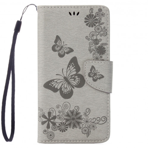 Pour iPhone 8 & 7 fleurs pressées modèle papillon flip horizontal étui en cuir avec titulaire et fentes pour cartes et porte-monnaie (gris) SP212H218-09