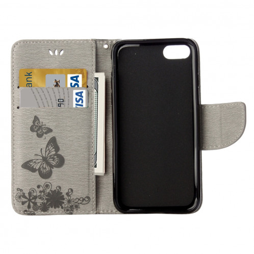 Pour iPhone 8 & 7 fleurs pressées modèle papillon flip horizontal étui en cuir avec titulaire et fentes pour cartes et porte-monnaie (gris) SP212H218-09