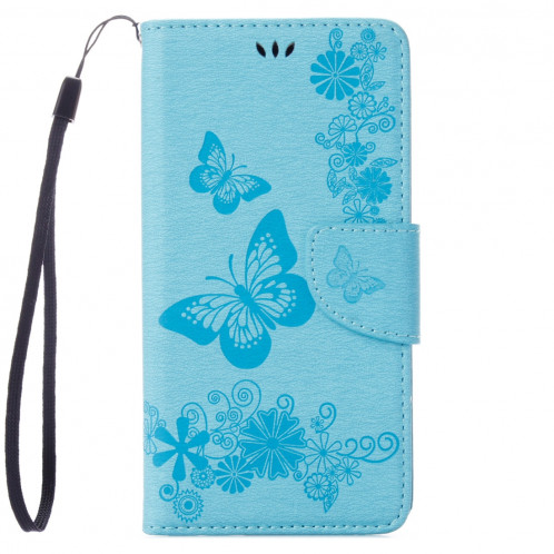 Pour iPhone 8 & 7 fleurs pressées papillon motif horizontal étui en cuir avec porte-cartes et fentes pour cartes et porte-monnaie (bleu) SP212L1113-09