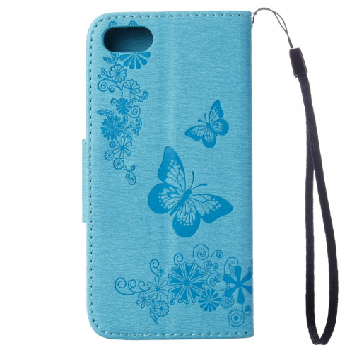 Pour iPhone 8 & 7 fleurs pressées papillon motif horizontal étui en cuir avec porte-cartes et fentes pour cartes et porte-monnaie (bleu) SP212L1113-09