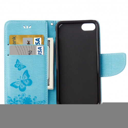 Pour iPhone 8 & 7 fleurs pressées papillon motif horizontal étui en cuir avec porte-cartes et fentes pour cartes et porte-monnaie (bleu) SP212L1113-09