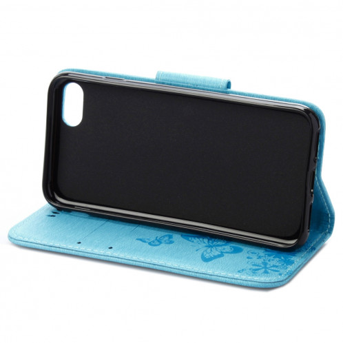 Pour iPhone 8 & 7 fleurs pressées papillon motif horizontal étui en cuir avec porte-cartes et fentes pour cartes et porte-monnaie (bleu) SP212L1113-09