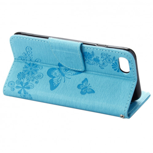 Pour iPhone 8 & 7 fleurs pressées papillon motif horizontal étui en cuir avec porte-cartes et fentes pour cartes et porte-monnaie (bleu) SP212L1113-09