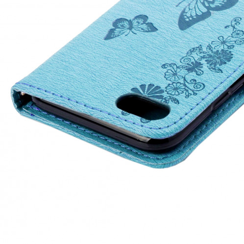 Pour iPhone 8 & 7 fleurs pressées papillon motif horizontal étui en cuir avec porte-cartes et fentes pour cartes et porte-monnaie (bleu) SP212L1113-09