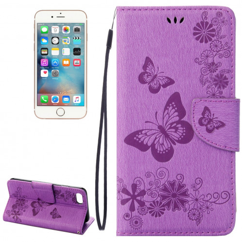 Pour iPhone 8 & 7 fleurs pressées motif papillon horizontal étui en cuir flip avec titulaire et fentes pour cartes et porte-monnaie (violet) SP212P1291-09