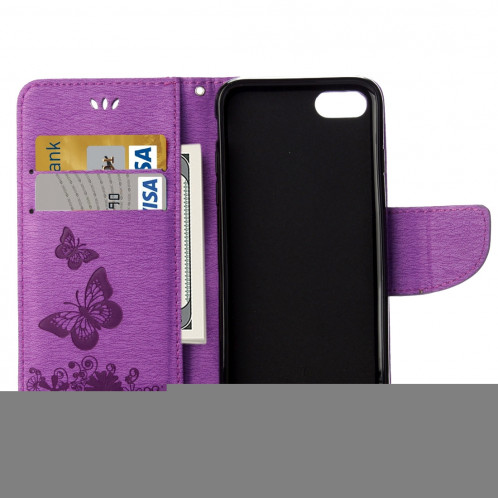 Pour iPhone 8 & 7 fleurs pressées motif papillon horizontal étui en cuir flip avec titulaire et fentes pour cartes et porte-monnaie (violet) SP212P1291-09