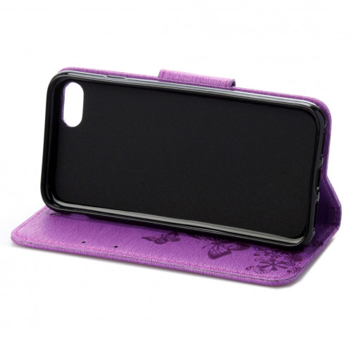 Pour iPhone 8 & 7 fleurs pressées motif papillon horizontal étui en cuir flip avec titulaire et fentes pour cartes et porte-monnaie (violet) SP212P1291-09