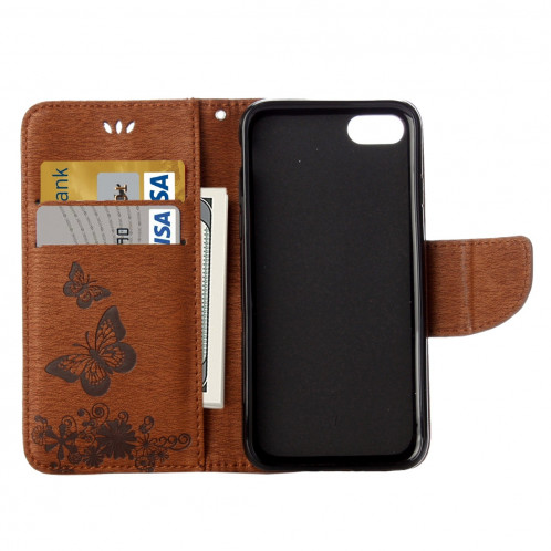 Pour iPhone 8 & 7 fleurs pressées papillon motif horizontal étui en cuir avec porte-cartes & fentes pour cartes et porte-monnaie (brun) SP212Z1509-09