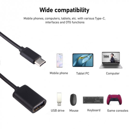 Câble de données de charge de câble OTG de fil métallique mâle de 8,3 cm USB femelle à type-C, 8.3cm USB Femelle vers Type-C Mâle Fil Métallique Câble OTG Câble de Données de Charge (Noir) SH448B932-07