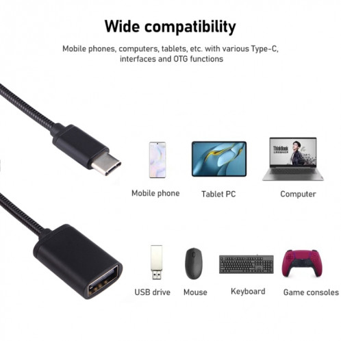 Câble de données de charge de câble OTG de fil métallique mâle de 8,3 cm USB femelle à type-C, 8.3cm USB Femelle vers Type-C Mâle Fil Métallique Câble OTG Câble de Données de Charge (Or) SH448J1412-07