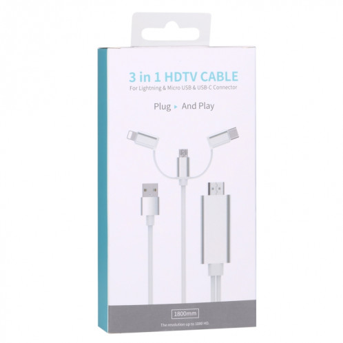 Câble adaptateur 3 en 1 Micro USB & 8 broches & Type-C vers HDMI HD 1080P HDTV (Argent) SH431S1606-08