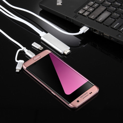 Câble adaptateur 3 en 1 Micro USB & 8 broches & Type-C vers HDMI HD 1080P HDTV (Argent) SH431S1606-08