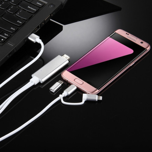 Câble adaptateur 3 en 1 Micro USB & 8 broches & Type-C vers HDMI HD 1080P HDTV (Argent) SH431S1606-08