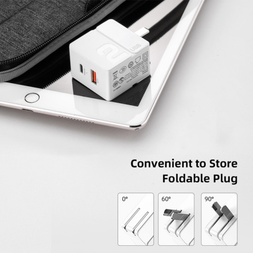 ROCK Sugar Mini Chargeur rapide portable à double port Chargeur mural USB Adaptateur de voyage PD, prise CN (Blanc) SR961W1224-014