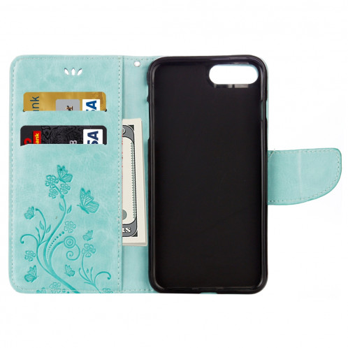 Pour iPhone 8 Plus et 7 Plus Fleurs Gaufrage Horizontal Flip Housse en cuir avec titulaire et fentes pour cartes et porte-monnaie et lanière (vert) SF191G1452-06