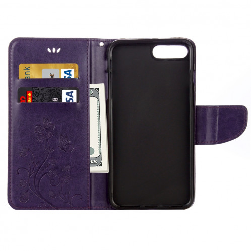 Pour iPhone 8 Plus et 7 Plus Fleurs Gaufrage Horizontal Flip Housse en cuir avec titulaire et fentes pour cartes et portefeuille et lanière (violet) SF191P288-06