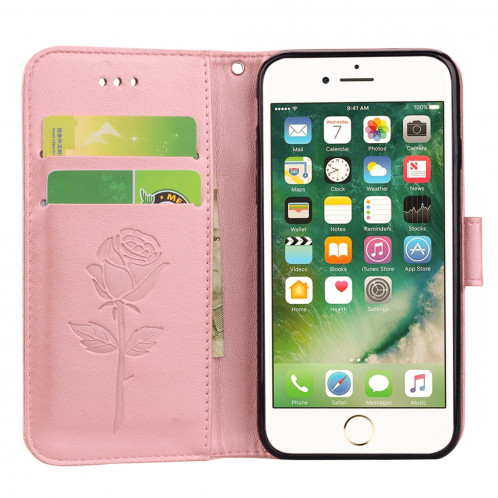 Fro Etui en cuir avec motif de fleurs pressées pour iPhone 8 Plus et 7 Plus Roses avec support, emplacements pour cartes et porte-monnaie (Or rose) SH05RG411-012