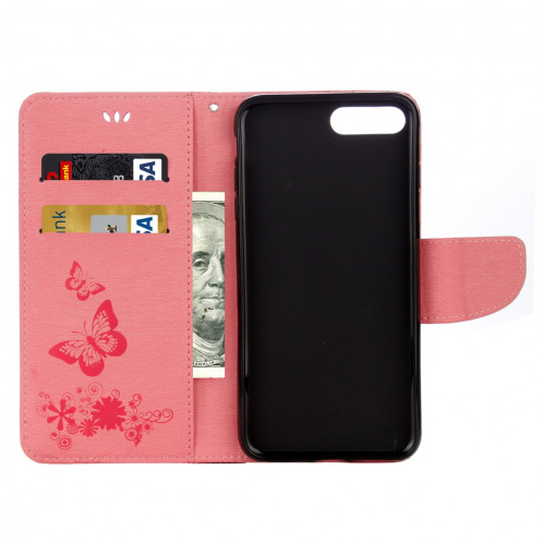 Pour iPhone 8 Plus et 7 Plus Papillons Gaufrage Housse en cuir Flip horizontale avec titulaire et fentes pour cartes et portefeuille et lanière (rose) SH953F1435-06