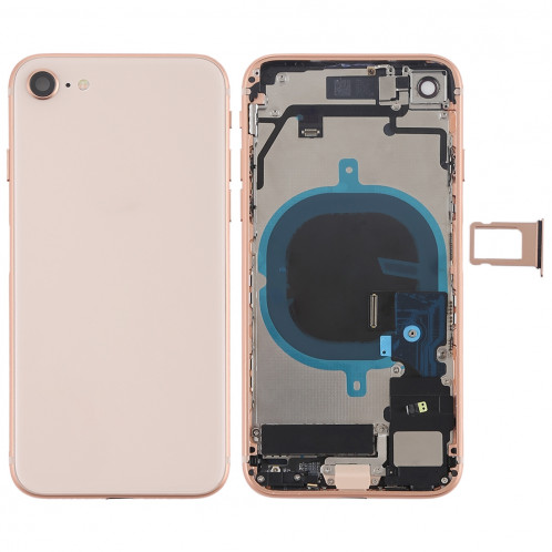 Couvercle de la batterie avec touches latérales et vibreur et haut-parleur fort et bouton d'alimentation + bouton de volume Câble et bac à cartes pour iPhone 8 (or rose) SH7RGL315-07