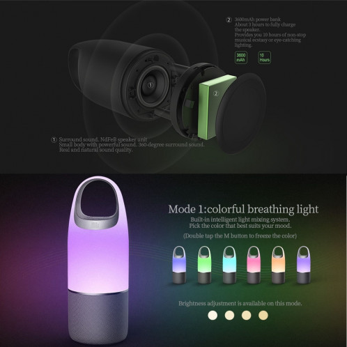 Haut-parleur de bouteille sans fil Bluetooth sans fil V4.2 NILLKIN MC3 PRO avec banque de puissance de 3600mAh et lumière colorée de LED SN0098279-015