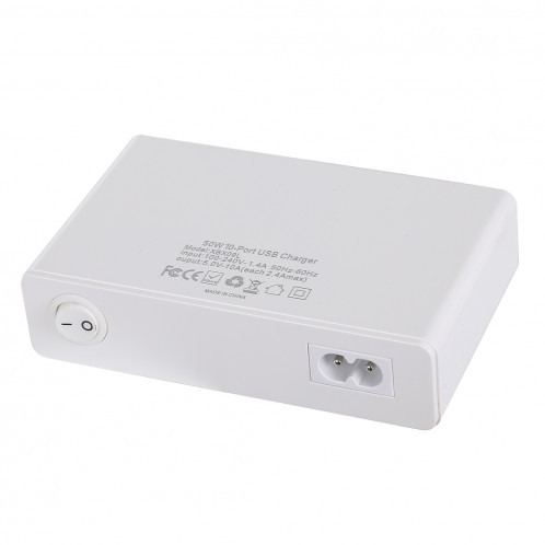 XBX09L 50W 5V 2.4A 10 ports USB Chargeur rapide Chargeur de voyage (Blanc) SH177W1524-06