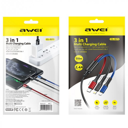 awei CL-971 3 en 1 1.2m 2.4A USB à 8 broches + Micro USB + USB-C / Type-C câble de charge multiple SA0678296-010