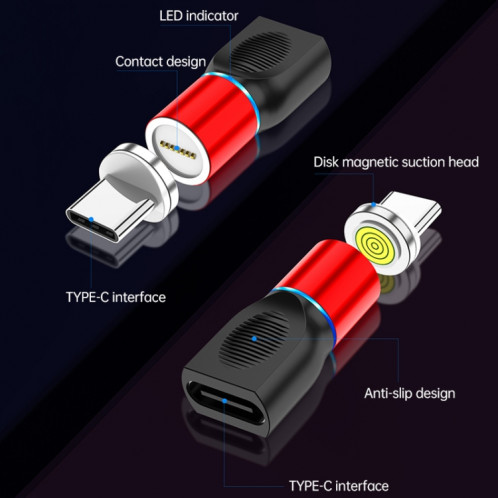 4 en 1 3A 8 broches et USB-C / Type-C et Micro USB tête de charge magnétique en alliage de zinc + adaptateur de charge magnétique USB-C / type-c (rouge) SH737R1280-014