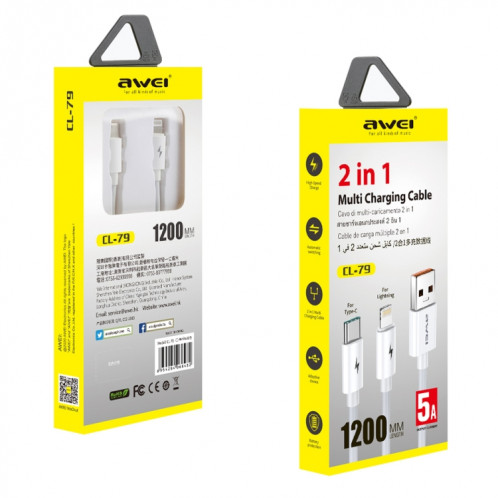 awei CL-79 2 en 1 USB de 1,2 m à 8 broches + câble de chargement multiple USB-C / Type-C SA07681797-09