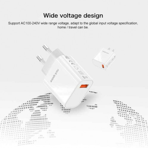 Rock Space T48 QC3.0 Chargeur de voyage à port unique USB, SR61EU1663-09