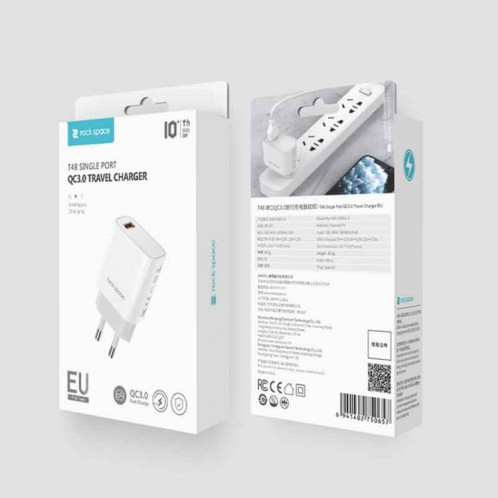 Rock Space T48 QC3.0 Chargeur de voyage à port unique USB, SR61EU1663-09