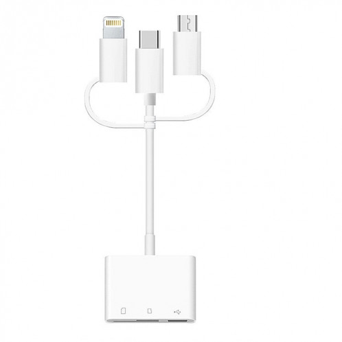 Adaptateur d'extension USB OTG 3 en 1 8 broches et micro USB et type-c vers lecteur de carte TF et SD (blanc) SH281W1360-04