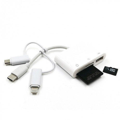 Adaptateur d'extension USB OTG 3 en 1 8 broches et micro USB et type-c vers lecteur de carte TF et SD (blanc) SH281W1360-04