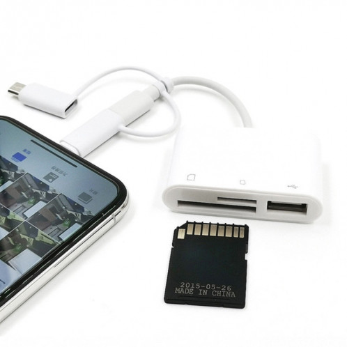 Adaptateur d'extension USB OTG 3 en 1 8 broches et micro USB et type-c vers lecteur de carte TF et SD (blanc) SH281W1360-04