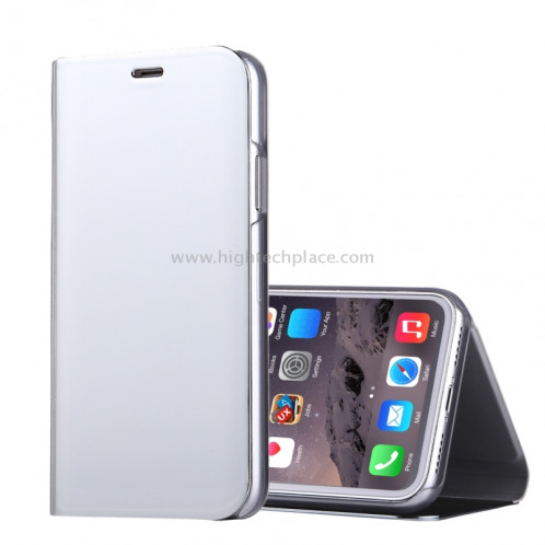 Pour iPhone X Miroir électrolytique Housse horizontale en cuir Flip avec support (Argent) SP591S2-06