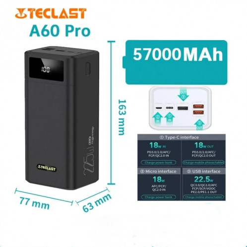 TECLAST A60 Pro 60000mAh PD 22.5W QC3.0 Banque d'alimentation à charge rapide avec câble (Noir) ST972B1559-07