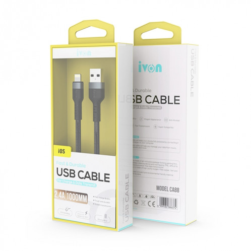 Ivon CA88 12W 2.4A USB à micro USB Nylon Braid Câble de données de charge rapide, Durée du câble: 1M (noir) SI418B1513-07