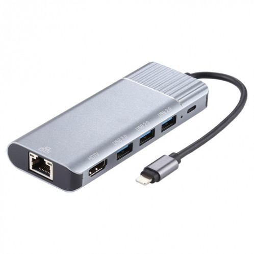6 en 1 USB 2.0 x 3 + HDMI + RJ45 + Port de charge femelle 8 broches vers adaptateur de station d'accueil multifonction mâle 8 broches SH5895691-06